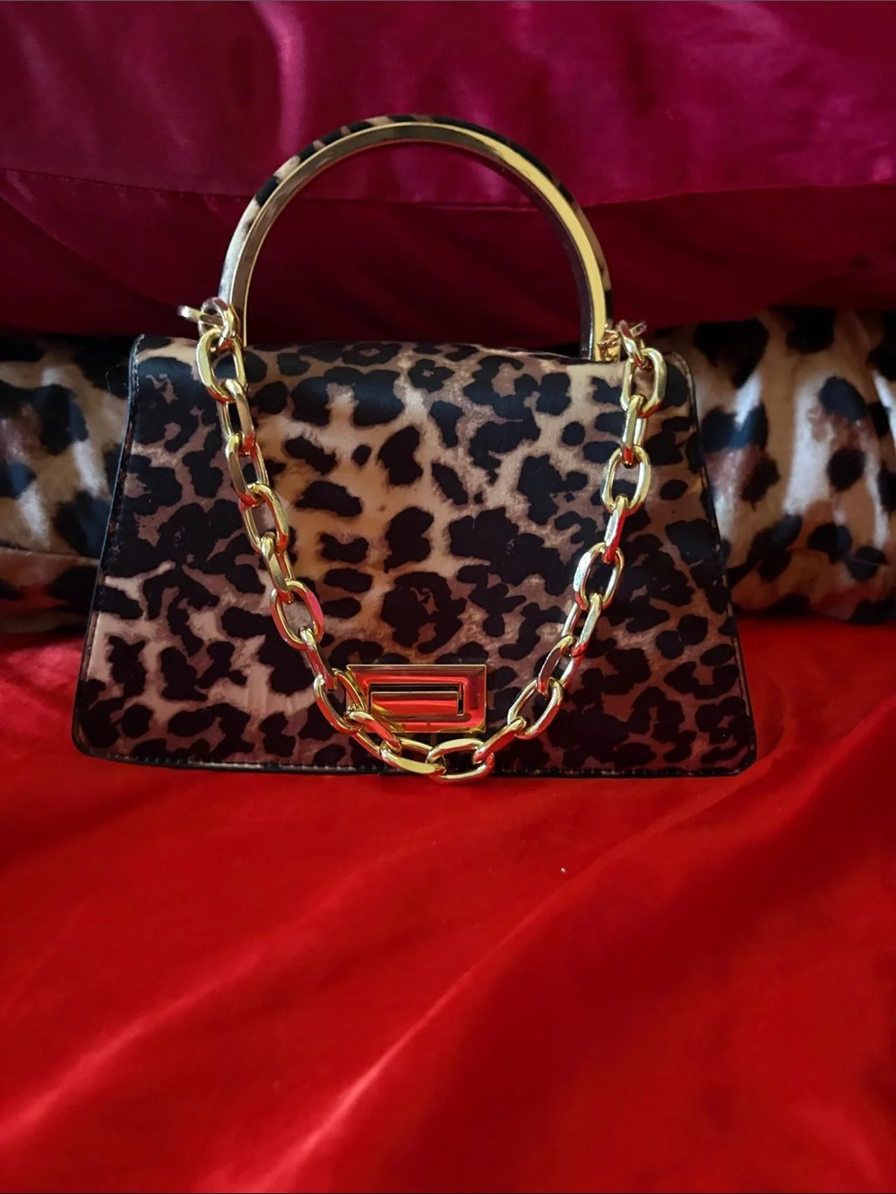 Leopard Print Top-Handle Women’s Crossbody Bag with Gold Chain